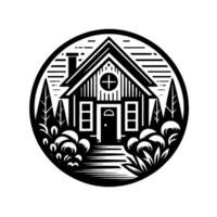 Stylized black and white illustration of a charming cabin in a circle, surrounded by trees, bushes, and a circular frame, with a cross symbol on the roof. vector