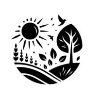 Stylized black and white nature scene within a circle, featuring a sun, tree, birds, leaves, and rolling hills, evoking a sense of peace and tranquility. vector
