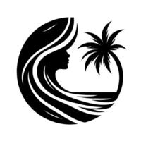 A serene silhouette of a woman with flowing hair, a palm tree framed within a circle, evoking a tranquil beach scene. vector