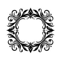 An ornate, symmetrical black floral border with flowing lines and intricate details, surrounding a negative space square on a white background. vector