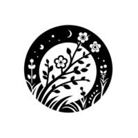 Serene black and white floral illustration a tranquil moonlit scene featuring blossoming branches, stylized grass, and a crescent moon within a circular frame. vector