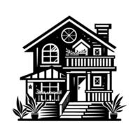 Vectorstyle illustration of a charming twostory house with a welcoming porch, detailed windows, and potted plants, presented in a striking black and white contrast. vector