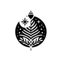 Intricate minimalist christmas ornament in black and white, featuring a stylized tree, star, snowflakes and dots, symbolizing winter and festivity. vector