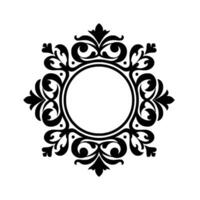 An ornate, symmetrical black and white floral frame, centered on a blank white background, ideal for or decorative accents. vector