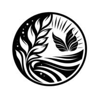 Elegant black and white circle composition floral vines, stylized wings, and flowing water, set against a stark white background. vector