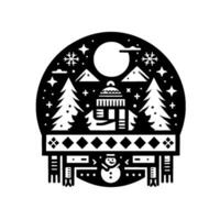 A minimalist winter scene inside a circular frame, featuring a snowman, a hat and scarf, snowcapped mountains, pine trees, snowflakes, stars, and a full moon in the night sky. vector