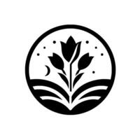 A stylized, minimalist black and white emblem, showcasing tulips and stars within a circular frame, embodying natural beauty and a serene, nightlike atmosphere. vector