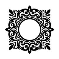 Intricate black and white ornamental frame with a central circle, featuring swirls, leafy details, and dots, perfect for design. vector