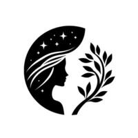 Silhouette of a womans profile against a starry night sky, framed by a crescent and a branch with leaves in elegant, minimalist design. vector