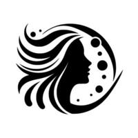 A stylized black and white silhouette of a womans profile, framed within a circular with flowing hair and floating orbs, creating a sense of grace and mystery. vector