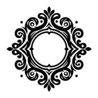 Symmetrical black and white decorative frame with swirls, dots and circular center for text or elements, in a clean and elegant composition. vector