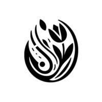 Minimalist black and white of a stylized flower and leaves enclosed in a circular, organic form, evoking elegance and simplicity. vector