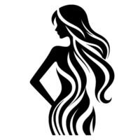 Silhouette of a stylish woman with flowing wavy hair, elegant pose with hand on hip, set against a stark white background in a minimalist style. vector