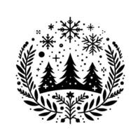 A monochromatic circular winter featuring stylized evergreen trees, snowflakes, and botanical elements, evoking a festive, minimalist holiday ambiance. vector