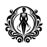 Elegant silhouette of a person in formal attire, encased in ornate, flowing, decorative black and white floral and scrollwork design. vector