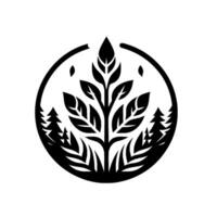 A stylized, black and white circular depicting a central tree with layered leaves, flanked by stylized evergreen trees within a circular frame. vector