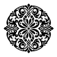 Intricate black and white circular ornament, featuring symmetrical floral and scrollwork elements, creating a visually balanced and elegant against a bright white backdrop. vector