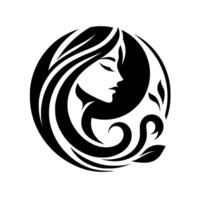 Silhouette of a womans profile encircled by flowing hair and botanical elements, symbolizing femininity and natures embrace vector
