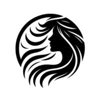 Silhouette of a womans profile within a circular frame of flowing hair, rendered in black and white, representing beauty and elegance. vector