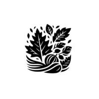 A minimalist, stylized of autumnal elements, featuring oak leaves, berries, and a stylized acorn, within a rectangular frame on a white background. vector