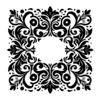 An intricate black and white square illustration showcasing a symmetrical ornamental with floral and scroll elements, forming a frame around an empty center. vector