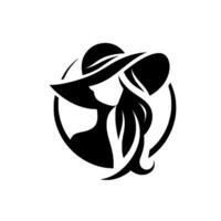 Silhouette of a woman in a widebrimmed hat, with flowing hair, encapsulated within a stylized circular frame on a white background, evoking elegance and mystery. vector