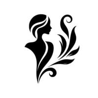 Silhouette of a woman with stylized flowing hair and floral embellishments, rendered in black and white, creating a minimalist and elegant design. vector