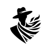 Silhouette of a man in a cowboy hat and flowing scarf, a minimalist black and white design. vector