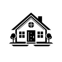 A minimalist black and white illustration of a house with a chimney, round window, symmetrical design, and two stylized trees, set against a plain white backdrop. vector