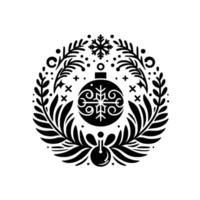 Minimalist black and white christmas ornament with snowflake and foliage elements in a circular composition. vector