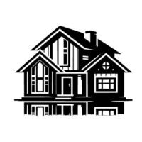 A monochromatic architectural illustration depicting a modern twostory house with geometric windows and a reflective ground effect, creating a stylized aesthetic. vector