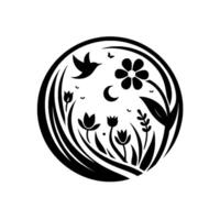 Silhouette of a serene floral scene within a circular frame, featuring a bird in flight, flowers, a crescent moon, and various plants, evoking a sense of calm. vector