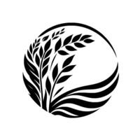 Elegant monochrome botanical emblem featuring stylized leaves and flowing lines within a circular frame, representing growth and nature. vector