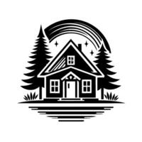 Black and white illustration of a charming house nestled between two tall fir trees, with a stylized rainbow arching over the roof and sparkling stars. vector
