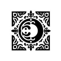 Intricate black and white decorative ornament circular core with abstract swirls, floral elements, and geometric border in clean, modern design. vector
