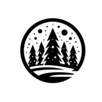 Minimalist black and white circular illustration of evergreen trees in a snowy landscape, featuring a simple and decorative for a winter theme. vector