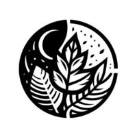 A stark black and white circular illustration featuring leaves, crescent moon, and dots, evoking a sense of natures duality and nighttime serenity. vector