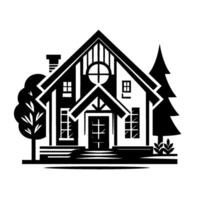 A minimalist, black and white illustration of a charming cabin nestled among trees, showcasing a welcoming front porch, arched window, and detailed architectural elements in a clean, geometric style. vector
