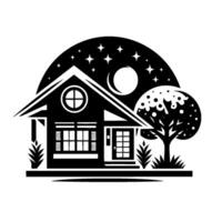 A serene, black and white illustration depicts a cozy house under a starry night sky, with a tree. vector