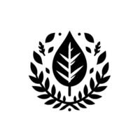 A symmetrical, minimalist black and white featuring a central teardropshaped leaf with a linear vein design, encircled by a laurel wreath, with accents of leaves and dots. vector