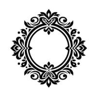 Ornate black and white circular frame with floral and swirl design, perfect for invitations or embellishments on a clean background. vector
