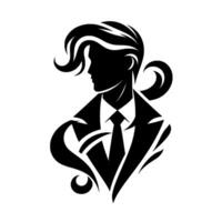 Stylish silhouette of a man in a suit and tie, featuring elegant hair, with a modern artistic in solid black, on a clean white background. vector
