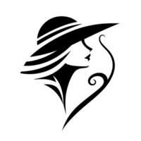 Elegant silhouette a monochrome portrait of a woman in a widebrimmed hat, styled with flowing hair and a decorative swirl, evoking sophistication. vector