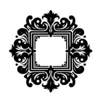 Intricate black and white ornamental frame with a square center, embellished with swirls, leaves, and elegant floral motifs against a clean white background. vector