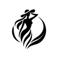 Elegant silhouette a stylish woman in a widebrimmed hat, framed by abstract, stylized leaves, and a curved arc on a stark white background. vector