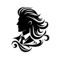 Elegant silhouette of a person in formal attire with flowing hair and decorative swirls, isolated on white. vector