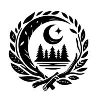 A stylized, black and white circular emblem featuring a crescent moon, star, pine forest, and a scroll, within a wreath of leaves and branches. vector
