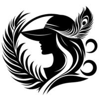 Elegant silhouette of a woman in a hat, adorned with a feather and surrounded by ornamental foliage, depicting grace. vector