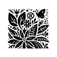 A monochromatic botanical illustration featuring stylized flowers, leaves, a butterfly, and geometric accents, creating a symmetrical and decorative composition. vector
