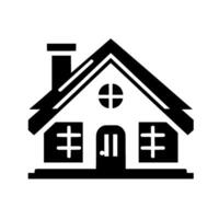 A minimalist, black and white house illustration, showcasing a stylized architectural with crossshaped details on windows and a central circular element. vector